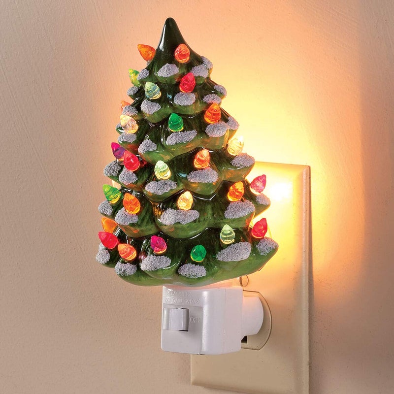 Fox Valley Traders Ceramic Christmas Tree Night Lights â€“ Set of 2 Holiday Plug-in Nightlights with Multicolor Bulbs â€“ Vintage Green & White Snow-Capped Trees â€“ Giftable Holiday DÃ©cor - Image 2